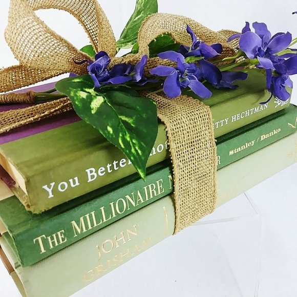 Decorative Tied Book Stack Farm House Decor Hard Cover Burlap Ribbon Set of 3 - Picture 2 of 6